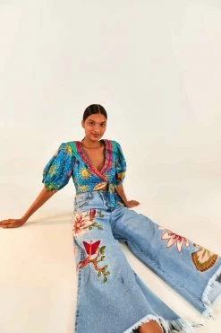 FARM RIO New In Embroidered Denim Pants