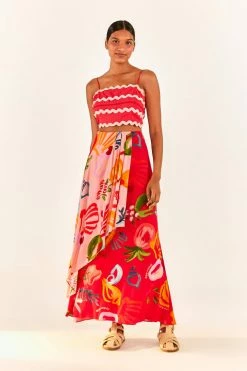 FARM RIO Red Mixed Fruits Ocean Maxi Skirt