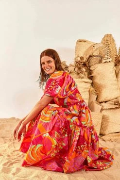 FARM RIO New In Fruit Brush Puff Sleeve Midi Dress