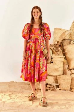 FARM RIO New In Fruit Brush Puff Sleeve Midi Dress