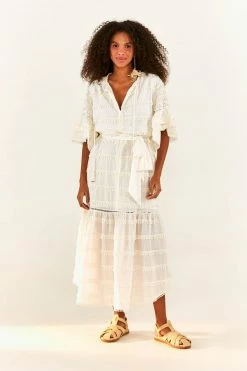 FARM RIO New In Off-White Embroidered Trim Midi Dress