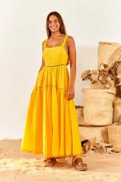 FARM RIO New In Yellow 3D Flowers Midi Dress