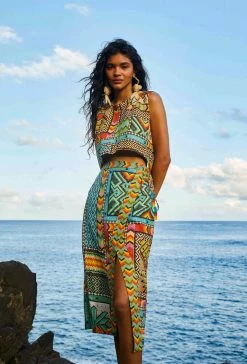 FARM RIO Banana Scarves Slit Midi Skirt New In