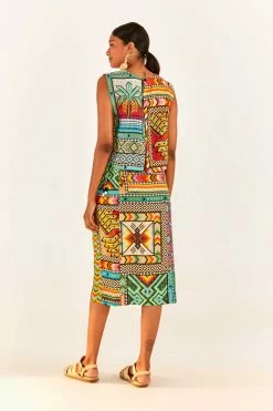 FARM RIO Banana Scarves Slit Midi Skirt New In