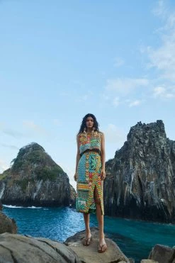 FARM RIO Banana Scarves Slit Midi Skirt New In