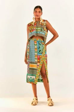 FARM RIO Banana Scarves Slit Midi Skirt New In