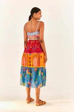 FARM RIO Color Block Embroidered Midi Dress New In