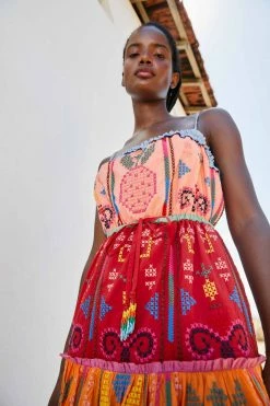 FARM RIO Color Block Embroidered Midi Dress New In