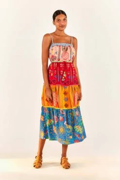 FARM RIO Color Block Embroidered Midi Dress New In