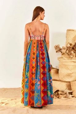 FARM RIO Color Block Embroidered Maxi Dress