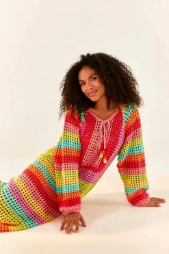 FARM RIO New In Striped Multicolor Crochet Dress
