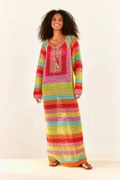 FARM RIO New In Striped Multicolor Crochet Dress