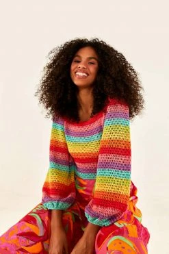 FARM RIO Striped Multicolor Crochet Pullover New In