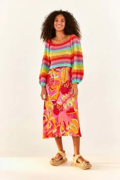 FARM RIO Striped Multicolor Crochet Pullover New In