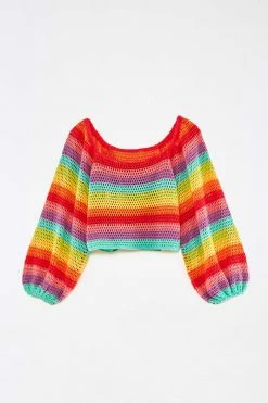 FARM RIO Striped Multicolor Crochet Pullover New In