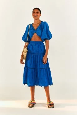 FARM RIO New In Blue 3D Pineapple Midi Skirt