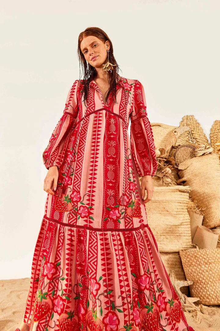 FARM RIO Red And Pink Pineapple Jacquard Dress
