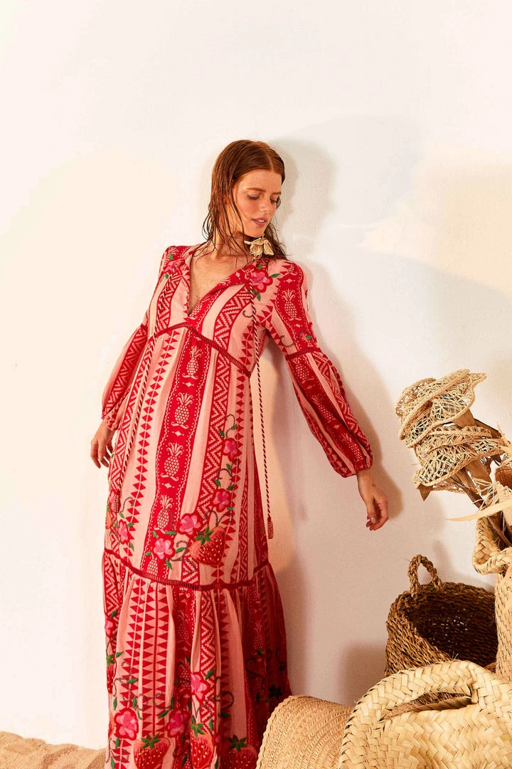 FARM RIO Red And Pink Pineapple Jacquard Dress