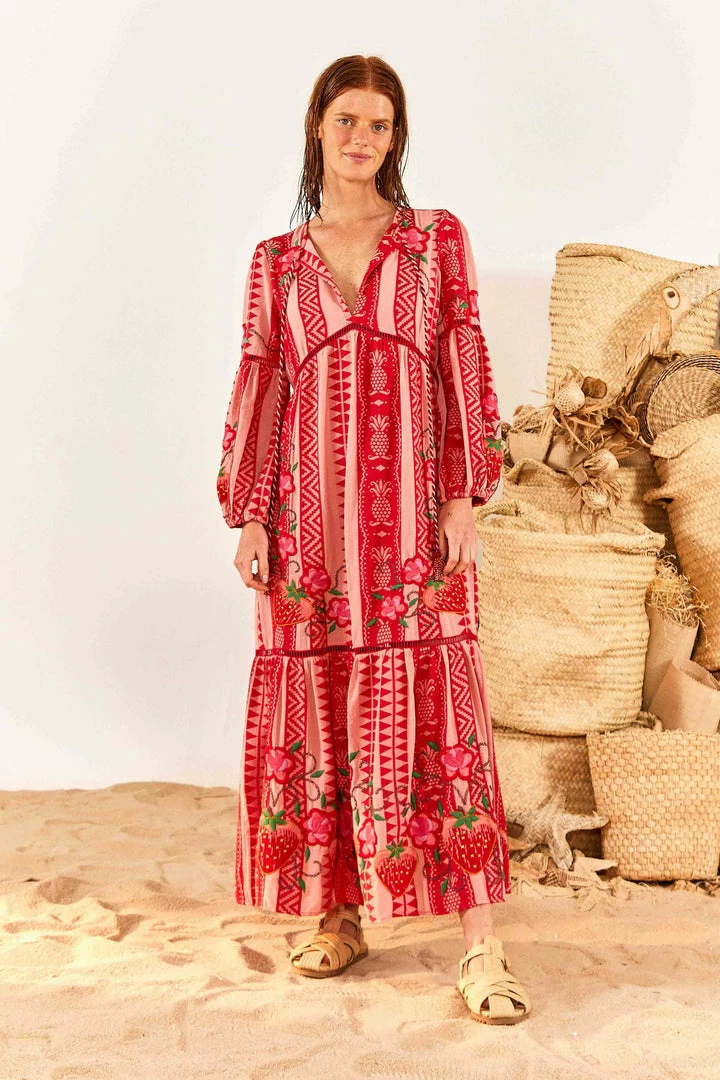 FARM RIO Red And Pink Pineapple Jacquard Dress