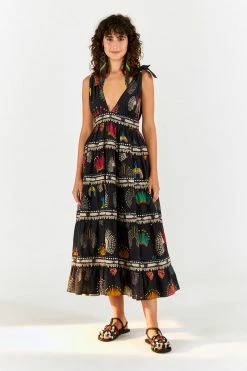 FARM RIO BLACK WONDERFUL HEADDRESS V NECK MIDI DRESS