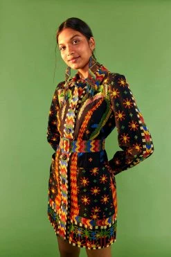 FARM RIO BLACK MACAW NIGHT LONG SLEEVE MINI DRESS