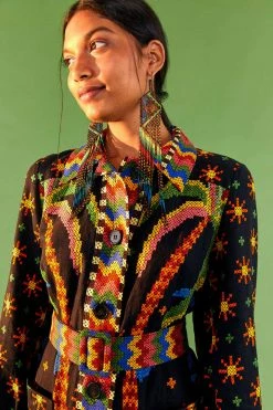 FARM RIO BLACK MACAW NIGHT LONG SLEEVE MINI DRESS