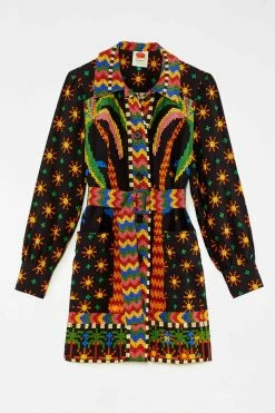 FARM RIO BLACK MACAW NIGHT LONG SLEEVE MINI DRESS