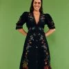 FARM RIO BLACK CROSS STITCH V NECK DRESS Most Loved