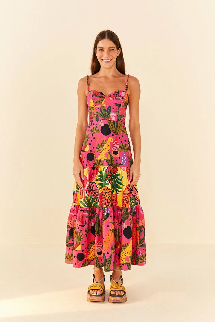 FARM RIO New In PINK POP LEOPARDS MIXED MIDI DRESS