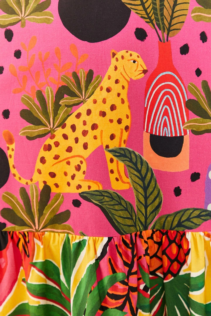 FARM RIO New In PINK POP LEOPARDS MIXED MIDI DRESS