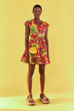 FARM RIO YELLOW FRUIT DREAM RUFFLE MINI DRESS