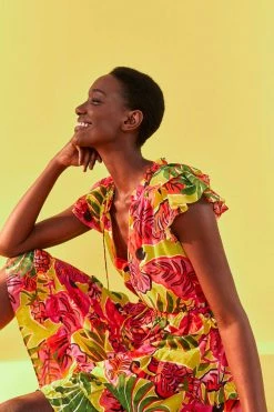 FARM RIO YELLOW FRUIT DREAM RUFFLE MINI DRESS