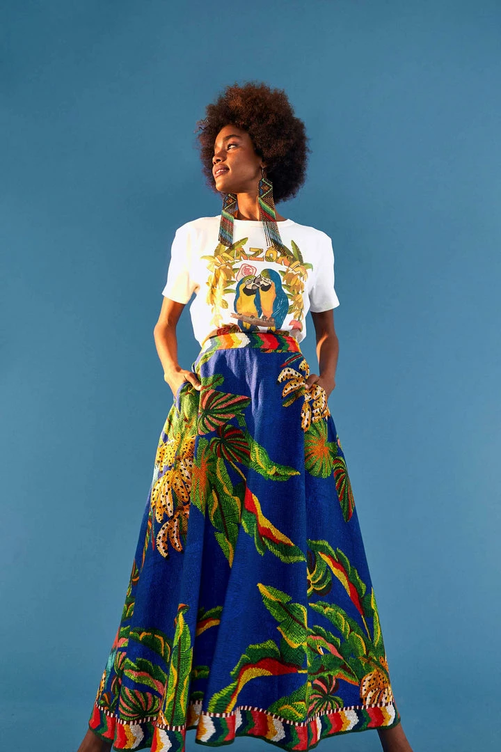 FARM RIO BLUE TROPICAL SCARF MIDI SKIRT