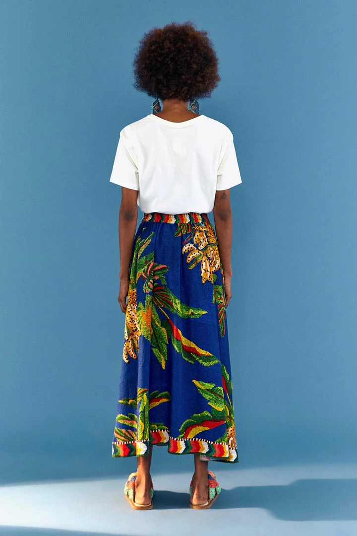 FARM RIO BLUE TROPICAL SCARF MIDI SKIRT