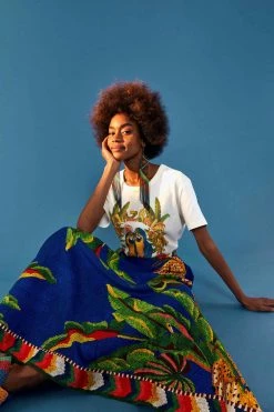 FARM RIO BLUE TROPICAL SCARF MIDI SKIRT