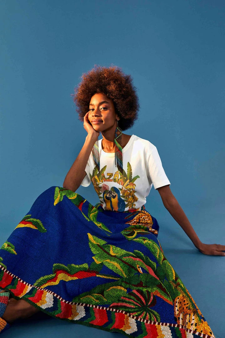 FARM RIO BLUE TROPICAL SCARF MIDI SKIRT