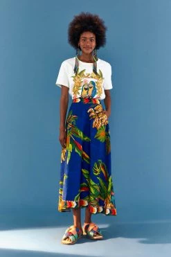 FARM RIO BLUE TROPICAL SCARF MIDI SKIRT