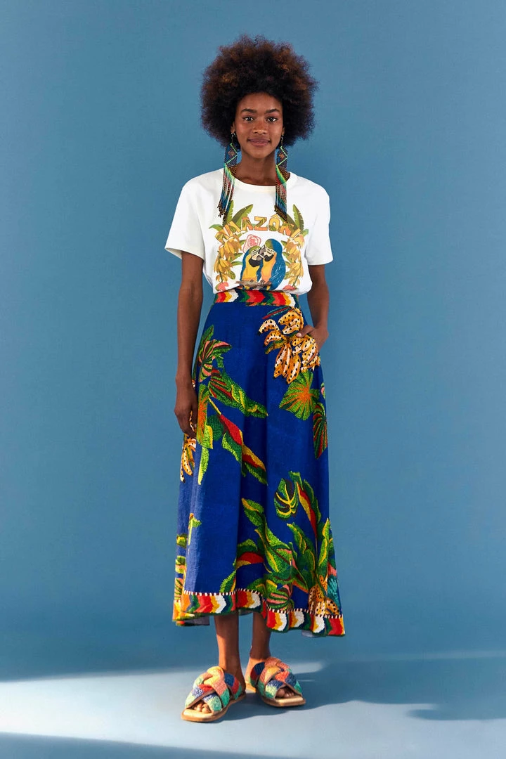 FARM RIO BLUE TROPICAL SCARF MIDI SKIRT