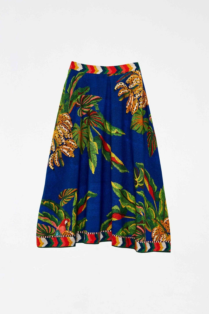 FARM RIO BLUE TROPICAL SCARF MIDI SKIRT
