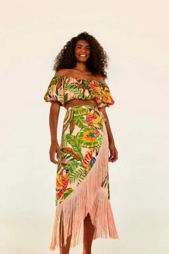 FARM RIO New In Macaw Leaves Fringe Wrap Skirt