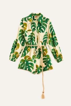 FARM RIO White Monstera Long Sleeve Romper
