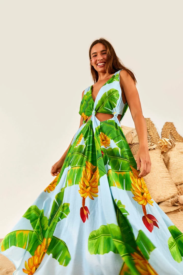 FARM RIO Blue Fresh Bananas Cut-Out Midi Dress