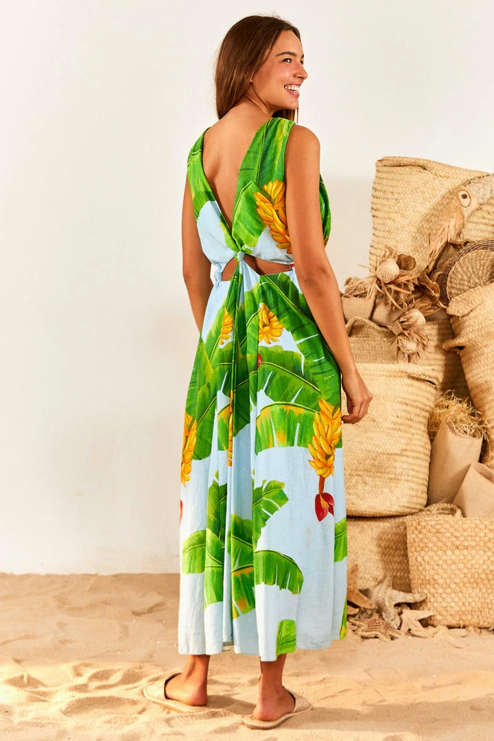 FARM RIO Blue Fresh Bananas Cut-Out Midi Dress
