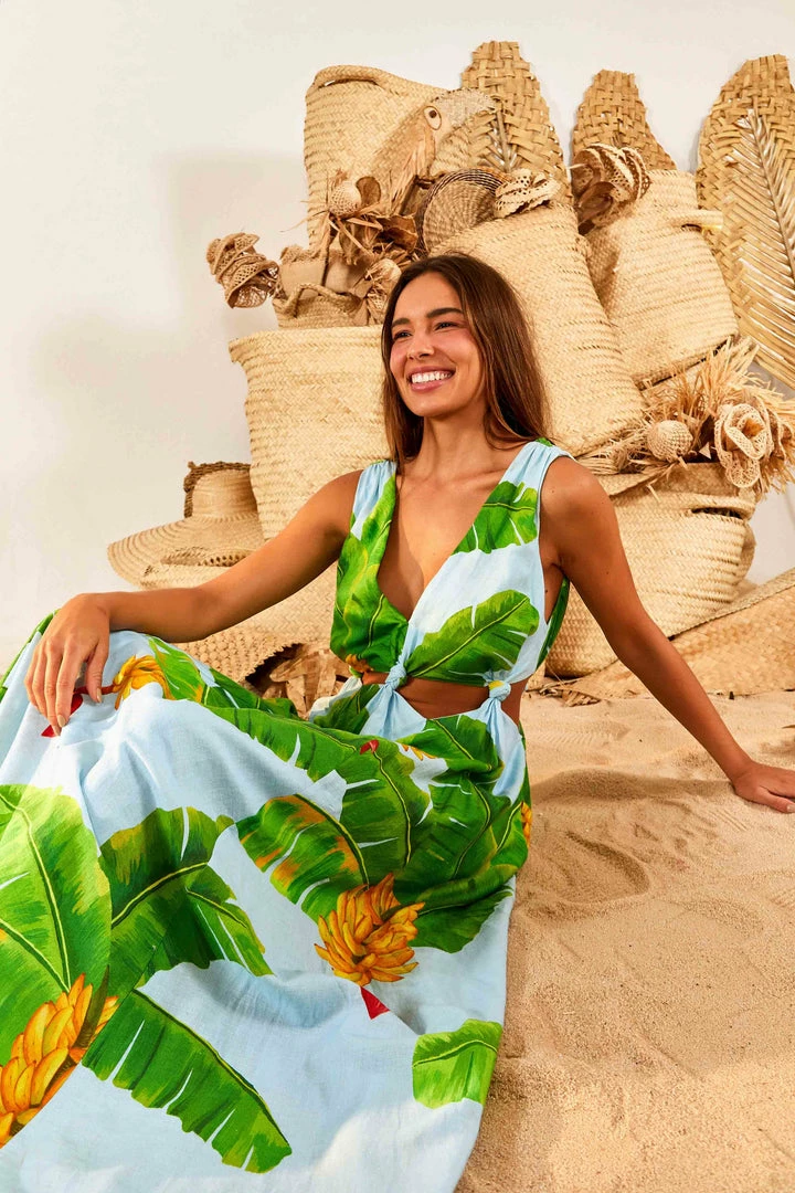FARM RIO Blue Fresh Bananas Cut-Out Midi Dress