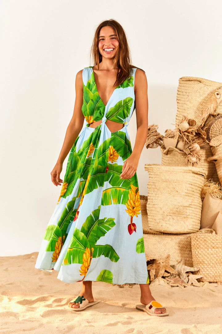FARM RIO Blue Fresh Bananas Cut-Out Midi Dress