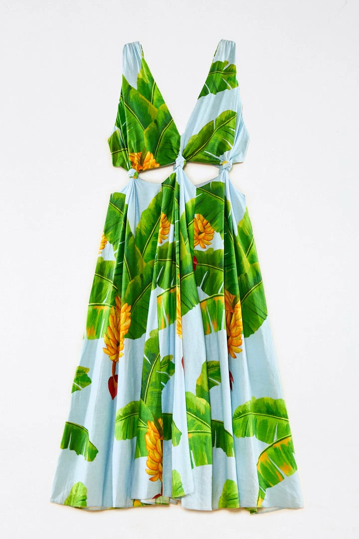 FARM RIO Blue Fresh Bananas Cut-Out Midi Dress