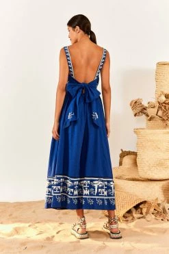 FARM RIO Navy Macaw Embroidered Maxi Dress
