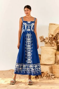 FARM RIO Navy Macaw Embroidered Maxi Dress