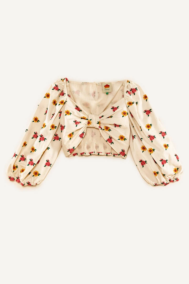 FARM RIO Mixed Cross Stitch Flowers Crop Top New In