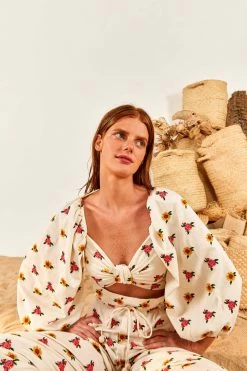 FARM RIO Mixed Cross Stitch Flowers Crop Top New In